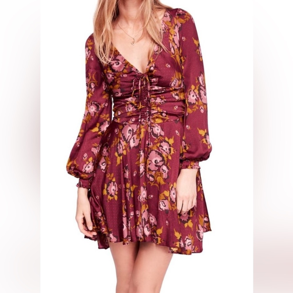 Free People Morning Light Mini Dress, Purple Combo Ruched V-Neck Floral Size 2
